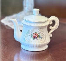 Vintage Capodimonte Floral Design Mini Tea Pot, 5x6 In, White Gold Trim