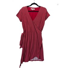 LOFT Petites Red Geometric Floral Faux Wrap Dress Size 8P Short Sleeve V-Neck