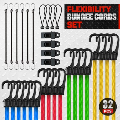 [32Pcs] Heavy Duty Multi-Color Bungee Cords Assorted Set w/Zipper Bag&Trap Clips