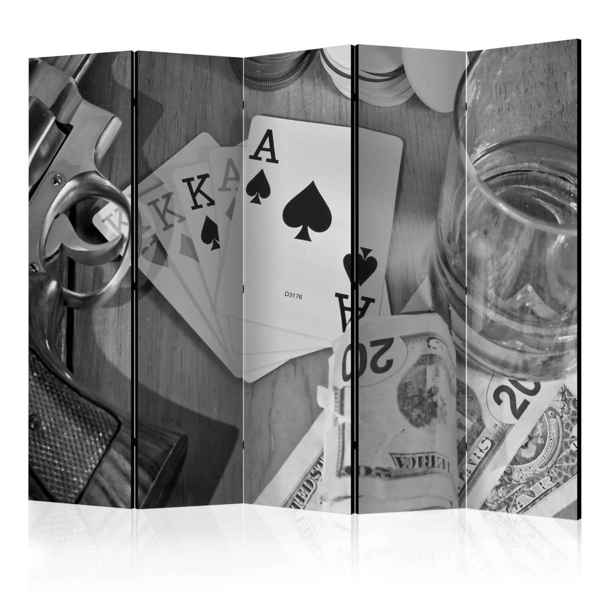 Paravent 5 volets Cards Black & White 172x225 cm en bois et toile