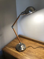 VTG MCM Articulated Swing Arm Lamp Chrome  Wood Accents Steam Punk Taiwan 28”