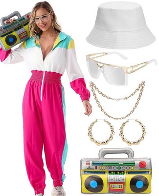 80er 90er Jahre Outfit Jumpsuit Damen, Trainingsanzug Overall Hoodie, Jogging...