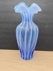 Vintage Fenton Blue Opalescent Optic Striped  Ruffled Top Glass Vase