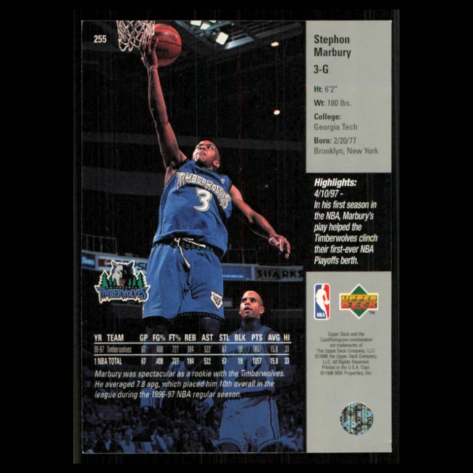 Stephon Marbury #255 1997 Upper Deck Minnesota Timberwolves Basketball Card NBA - Image 2 of 3