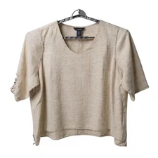 Ali Miles Women's 3X Beige Layer Linen V-Neck Blouse 3/4 Casual Sleeve - AC