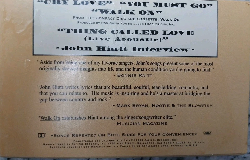 John Hiatt Cassette Sampler Cry Love You Must Go  Walk On Thing Called Love New Foto 2 de 2