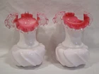 2~FENTON VINTAGE SILVER CREST MILK GLASS WAVE PINK INTERIOR RUFFLED VASES 6 1/2"