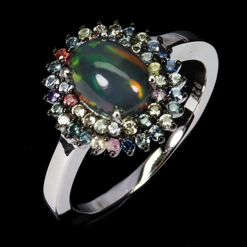 Anillo de plata de ley 925 ovalado ópalo negro 8x6 mm zafiro piedras preciosas joyería talla 7,5 Foto 2 de 4