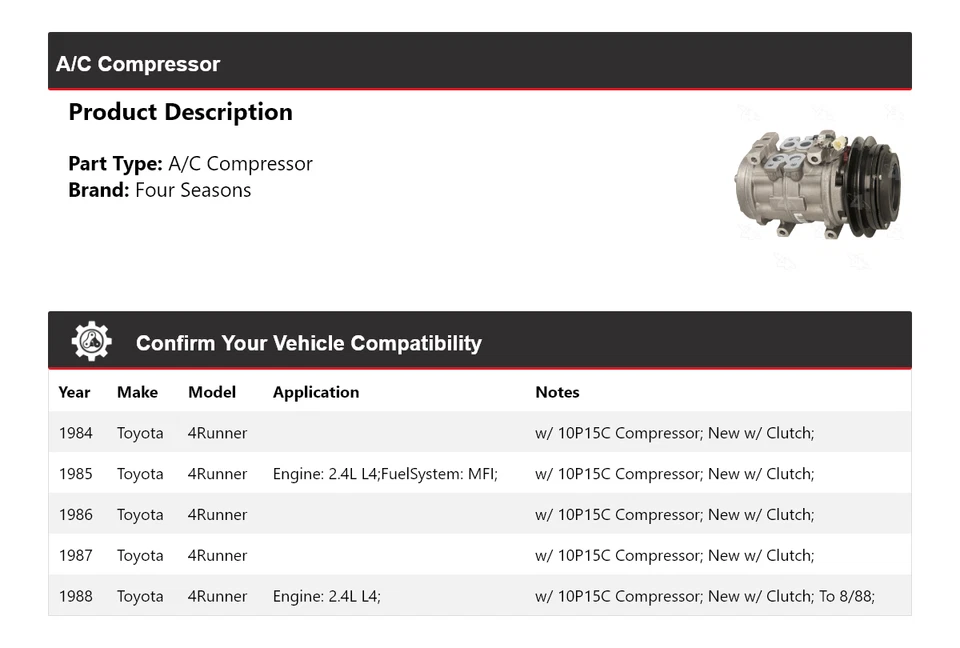 Para 1984-1988 Toyota 4Runner A/C Compresor 4 Seasons 1985 1986 1987 Foto 2 de 4