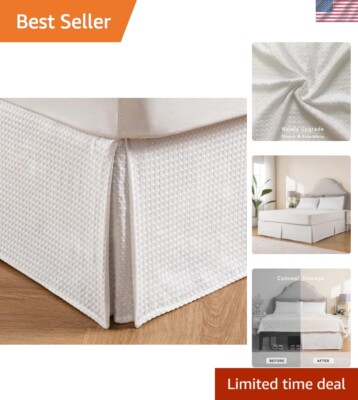 King Size Pleated Waffle Weave Bed Skirt - Durable & Easy Care, White 16'' Drop