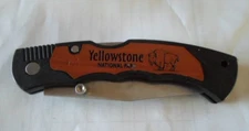 Novelty Yellowstone National Park Mid-lock wood inlay pocket knife serrated
