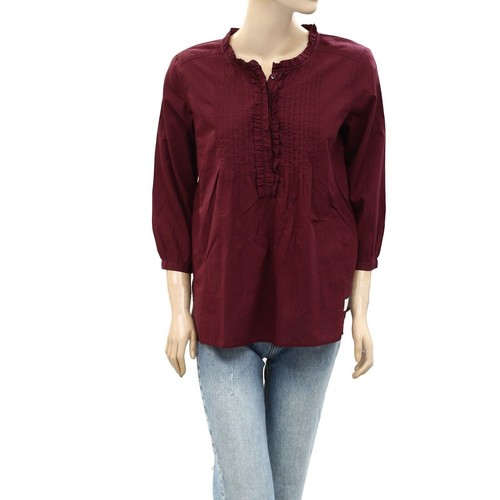 Odd Molly Anthropologie Solid Ruffle Tunic Shirt Top Wine Cotton S-1 NEW 259817
