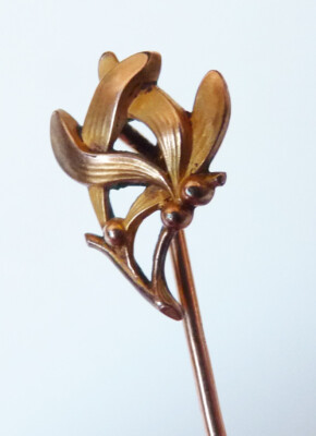 Épingle à Cravate Fantaisie - Motif Gui En Métal Plaqué Or Jaune Avec Rubis - Bijou Occasion