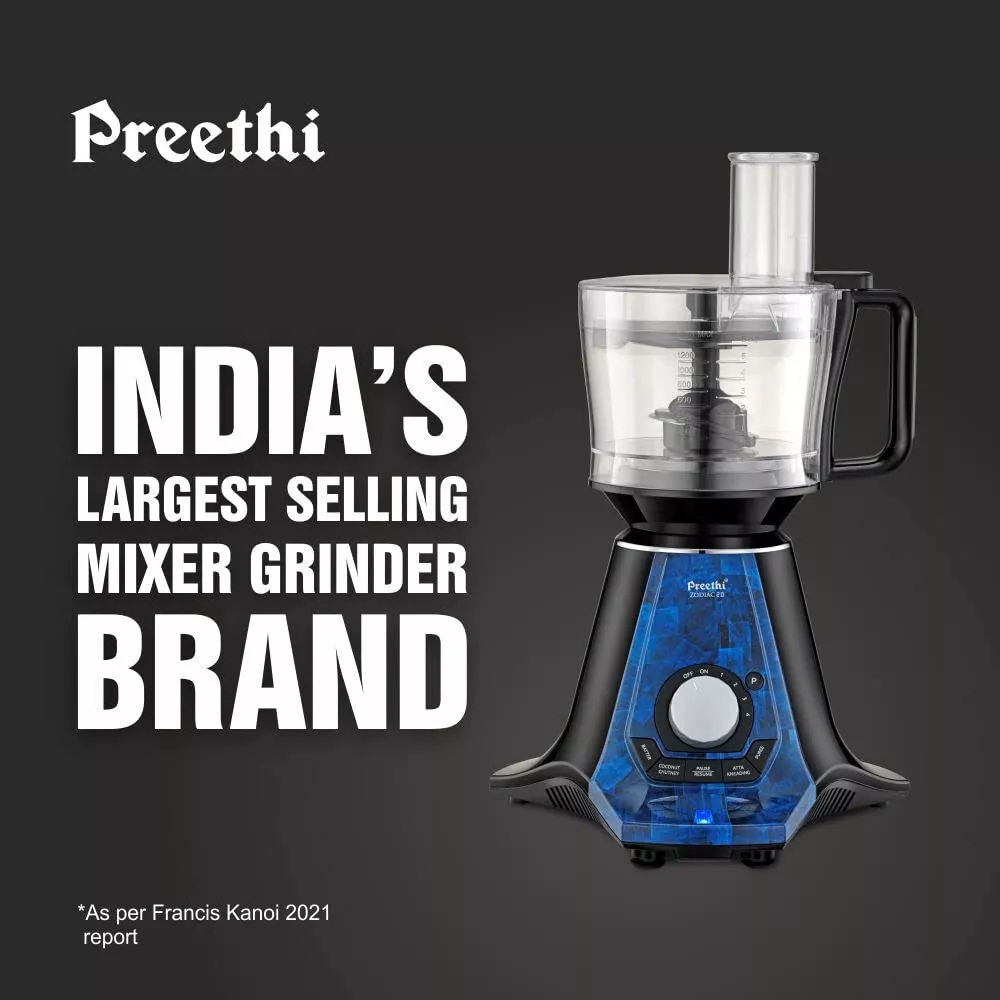 Preethi Zodiac 2.0 MG-255 Mixer Grinder, 1000 watt, Black/Blue 4 Jars mixer