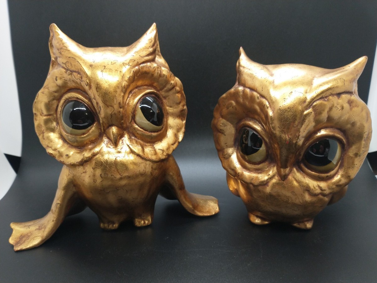 Vintage Anthony Freeman Mcfarlin Gold Ceramic Owls Big Eyes Set Of