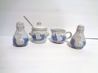 Vintage Pottery Swan Salt & Pepper Shakers Cream and Sugar White Washed Glaze