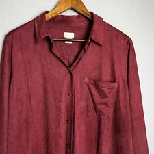 Chico's Everyday Faux-Suede Button-Front Shirt Size 2 (12/14) Burgundy Career