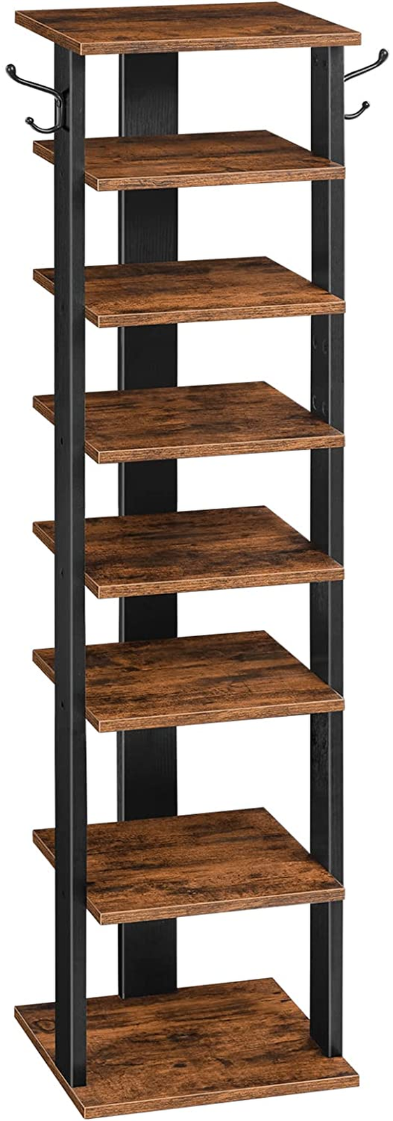 8-Tier Wooden Vertical Shoe Rack with Hooks, Narrow Space Storage