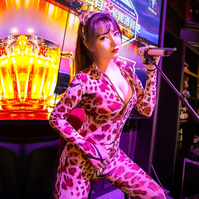 Macacão feminino sexy leopardo macacão gato senhora cosplay clube roupa de festa - Imagem 3 de 4