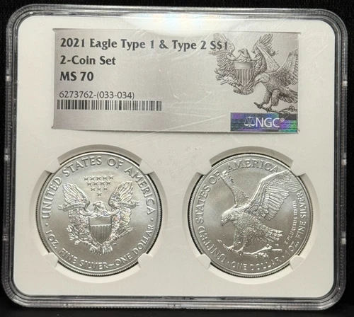 NGC MS70 2021 American Silver Eagle Ty1 & Ty 2 One Dollar Silver 2-Coin Set -034