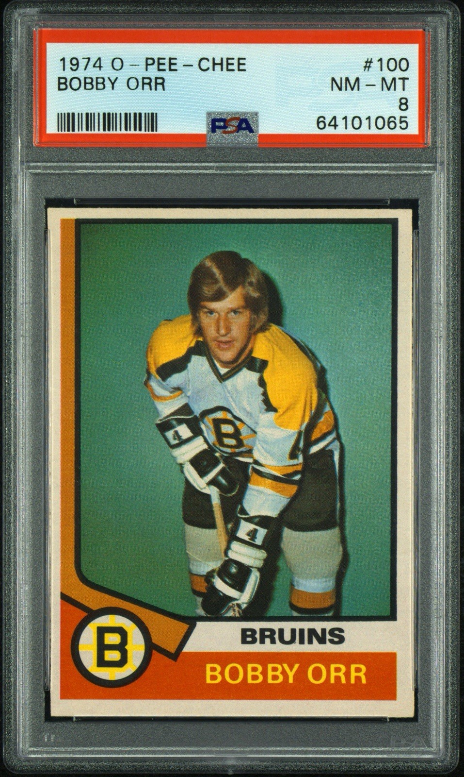 1974 OPC #100 Bobby Orr, PSA 8 #64101065, Boston Bruins