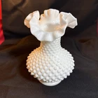 Vintage Large Fenton White Milk Glass Hobnail Ruffled Top Vase 7.25” Stamped EUC