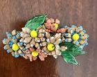 VINTAGE 1940s MIRIAM HASKELL WOOD FLOWER and CELLULOID LEAF BROOCH / SEED BEADS