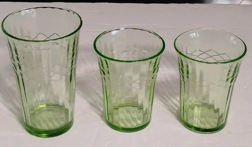 Three Green Depression Glass / Uranium Anchor Hocking Criss Cross Tumblers
