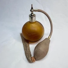 VINTAGE Amber Perfume Bottle Atomizer 12" Tassel Mesh 3 in Dia x 4 1/2 in H