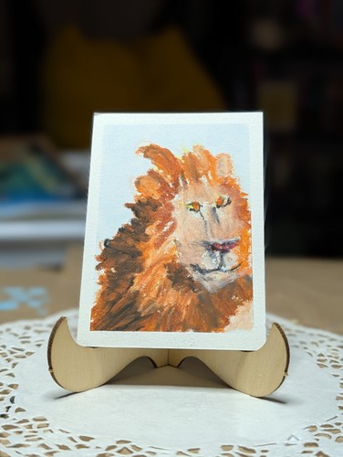 ACEO Original Art Lion Oil Pastel Pendulum Way Mini Painting Card Animal King I