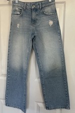 Zara Girls Mid-Rise Rhinestone Wide Leg Denim Baggy Jeans Light Wash Ripped "10"