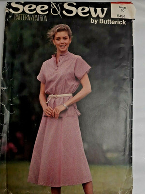 See & Sew Butterick 6494 Top Skirt Sewing Pattern  Ladies 10 VTG A Line Pullover