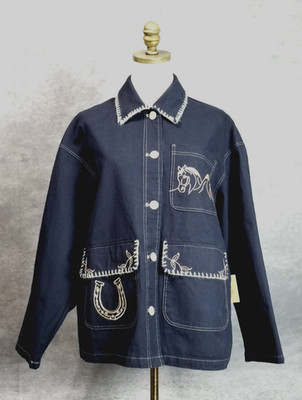 NWT BAILEY ROSE Size S Embroidered Navy-Blue Western Jacket Pockets Button Up