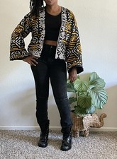 Women  s Jacket African Print Black, White And Yellow Handmade Size small