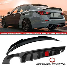Rear Bumper Diffuser & Rear Spoiler Gloss Black PSM Style For Infiniti Q50 18-24