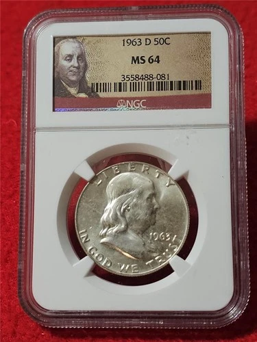 1963-D UNC FRANKLIN SILVER HALF DOLLAR   NGC MS 64                        #T1098
