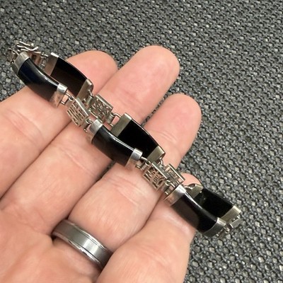 vintage 925 Silver Onyx Panel Bracelet 7.5'' FAS