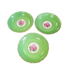 Adderley Fine Bone China Saucers x3 Green with Pink Roses Diameter 14.5cm