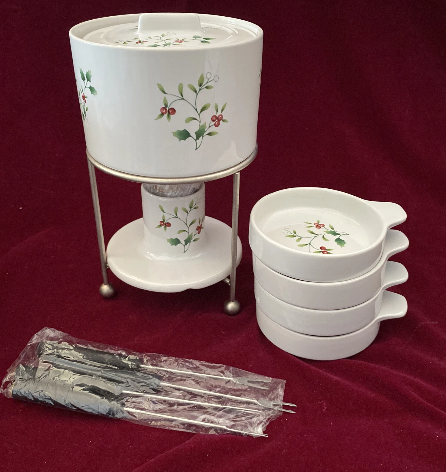 Pfaltzgraff WINTERBERRY Deluxe Dessert Fondue Set Appetizer 16 Pc Unused Holiday
