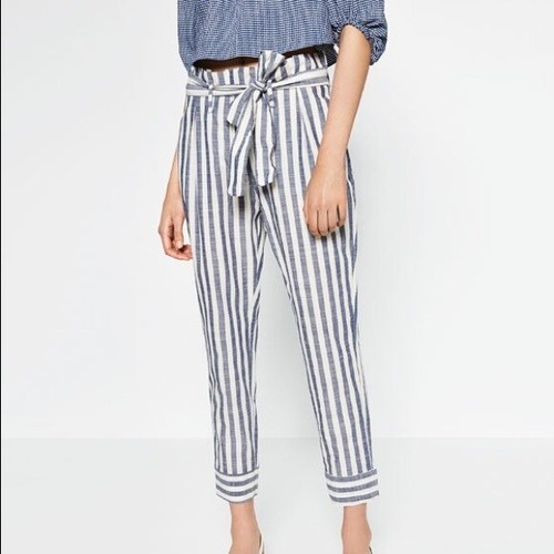 Zara Blue High Waist Striped Paperbag Pants - Small | eBay