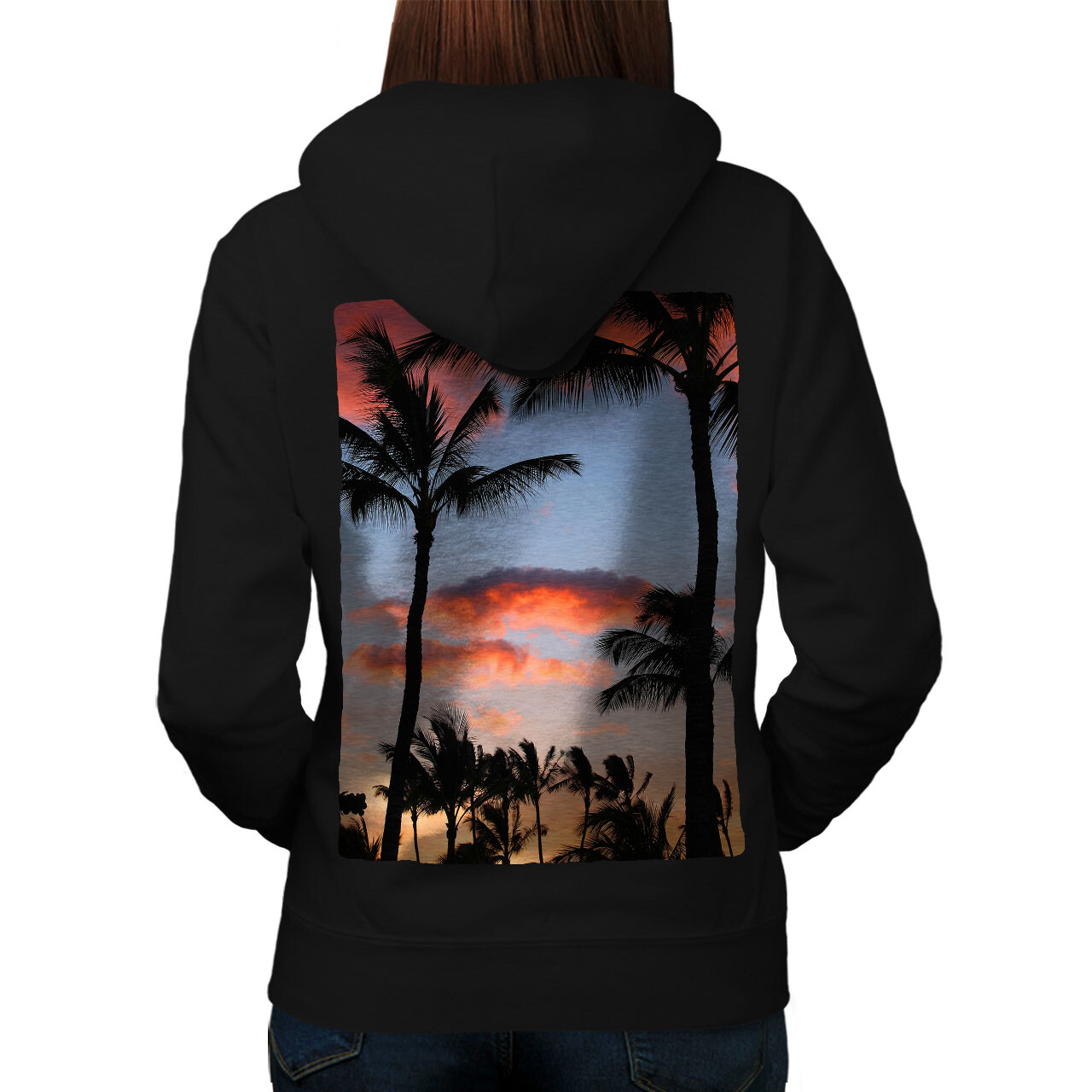 Wellcoda Red Sky Palm Sun Evening Womens Hoodie Back