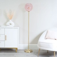 Gold Metal Stem Floor Lamp Pink Tinted Glass Globe Lampshade Living Room Light