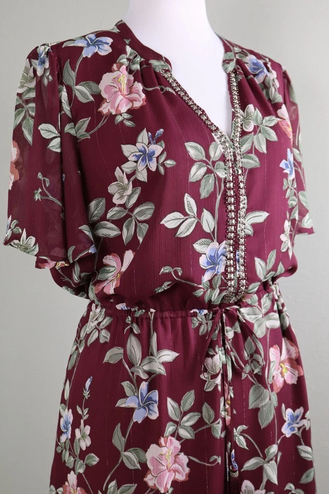TOMMY BAHAMA $158 Floral Embellished Lined Metallic Midi Dress Size Large - Image 3 of 4