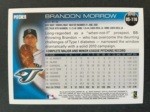 Brandon MORROW 2010 Topps Update Series Baseball #US-116 Toronto Blue Jays - Picture 2 of 2
