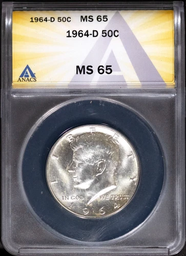 1964-D Silver 50c JFK Half-dollar MS 65 ANACS # 7696147 + Bonus