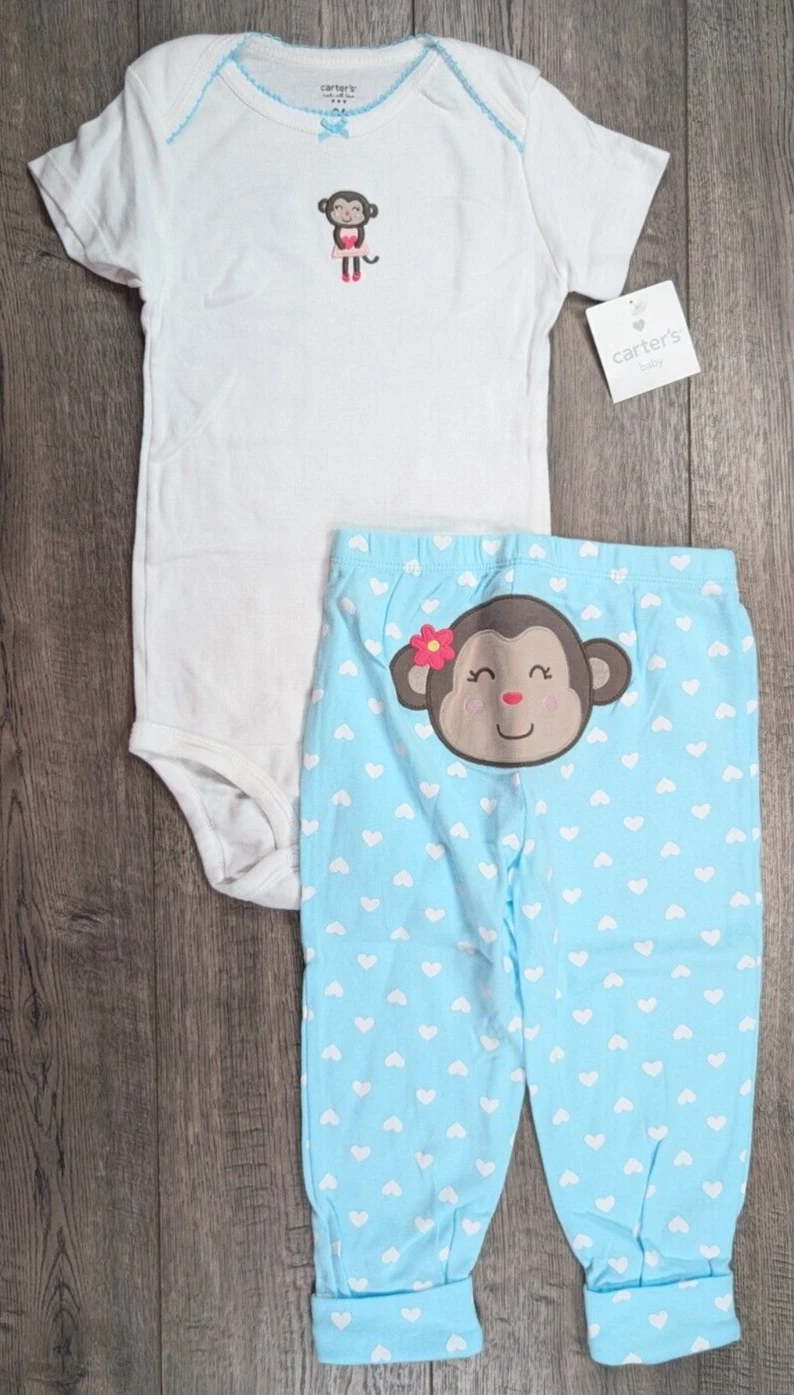 Baby Girl Clothes New Vintage Carter's 24 Month 2pc Blue Heart Monkey Outfit