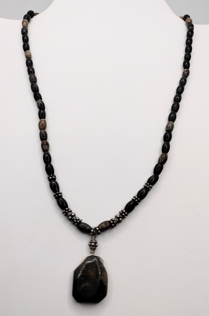 Vintage 925 Sterling Silver Brown Stone Chunky Beaded Necklace Toggle Estate Pc. View 5