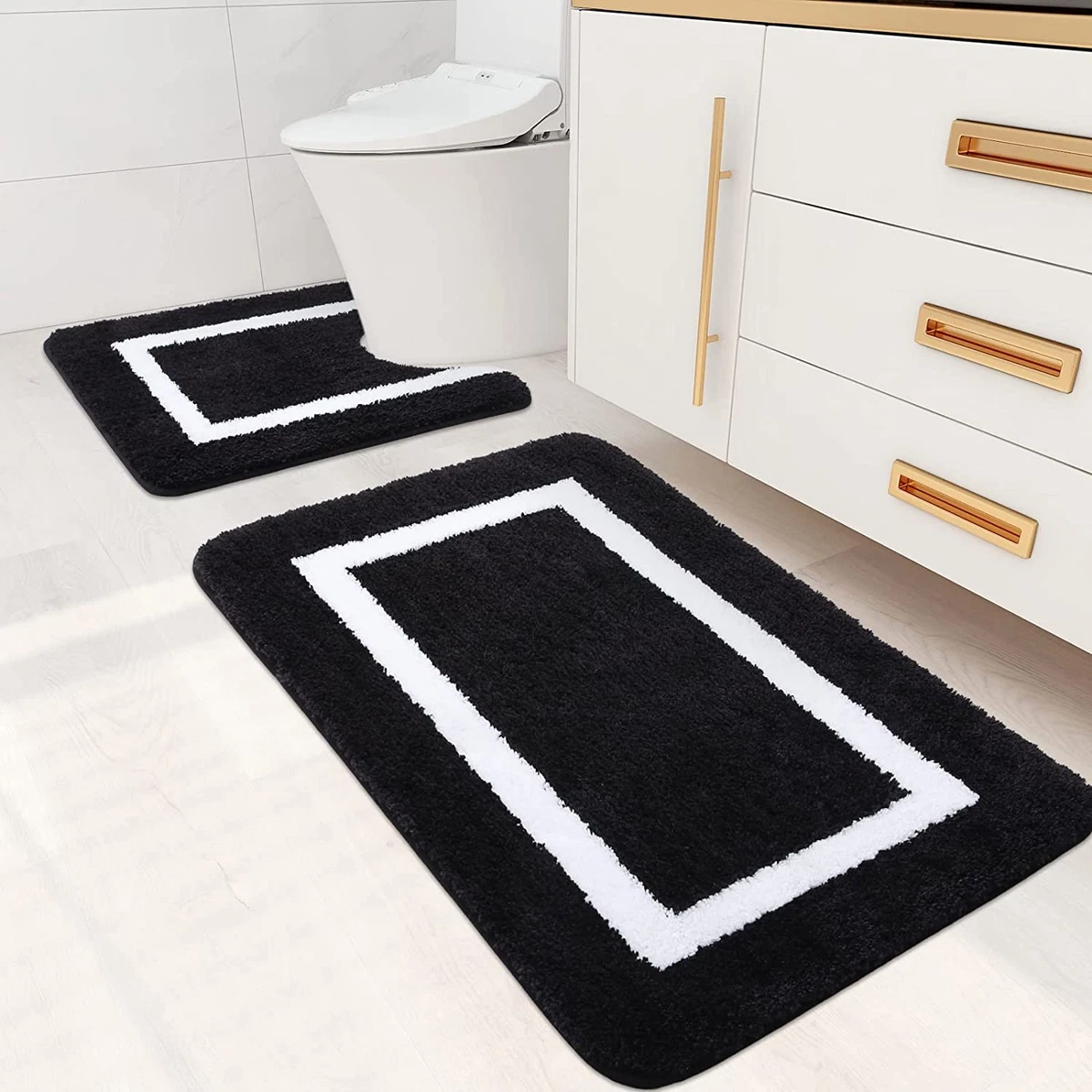 Black White Bathroom Rug Set, Black White Bath Mat Set