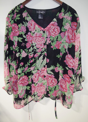 C - NWOT Requirements Womens Pink Floral Sheer Top XL V Neck Button Up Blouse