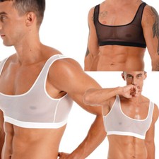 Mens Mesh Lingerie Half Shirt Underwear See Through Muscle Top Sleeveless Tank